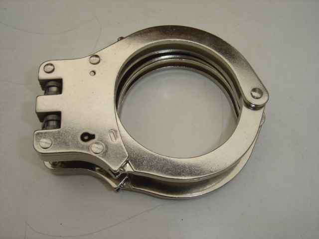Standard handcuffs with two solid stainless steel links.